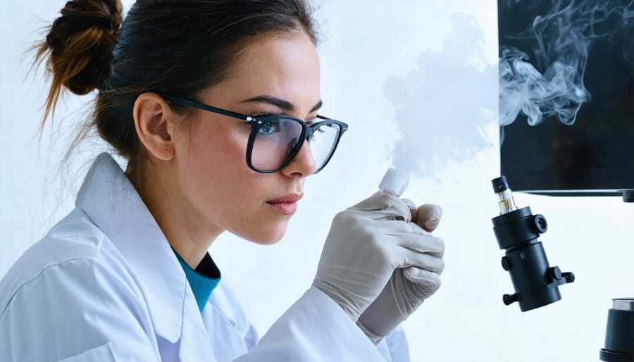 Woman engineer examining vape device designs on a touchscreen display