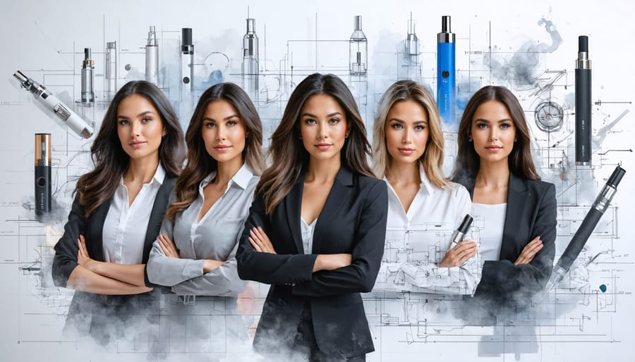 Diverse group of female entrepreneurs standing confidently in an office filled with vaping products and design sketches, symbolizing their leadership and innovation in the vaping industry.