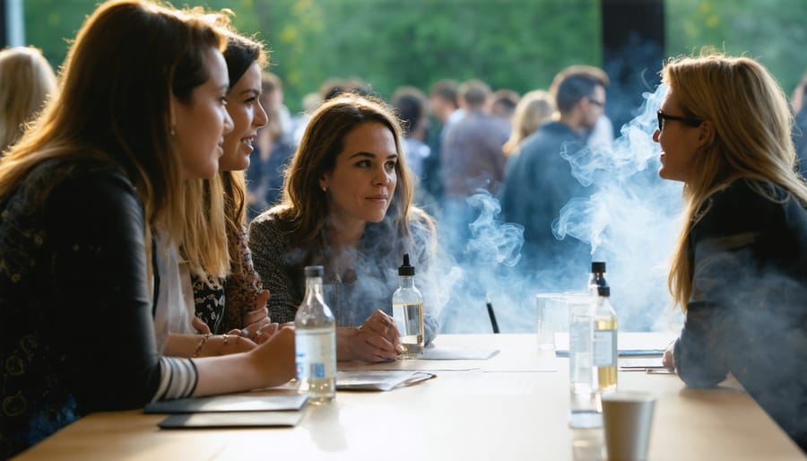 Group of professional women networking and sharing ideas at a vaping industry event